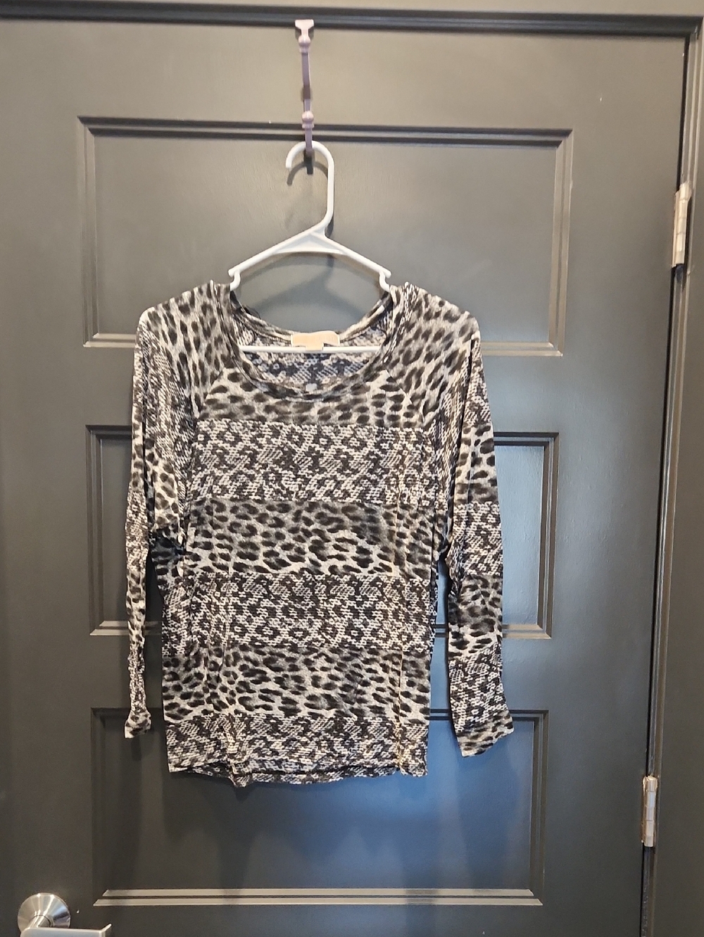 Michael Kors Black and White Animal-Print Long Sleeve Top
